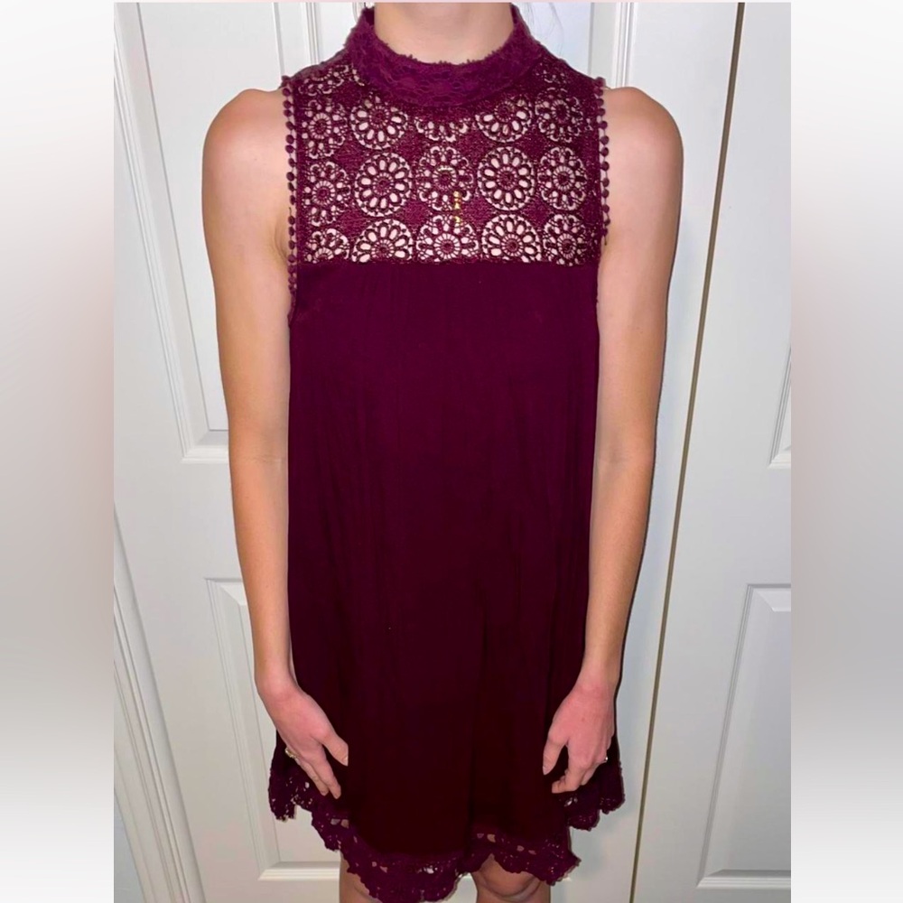 Maroon High Neck Dress with Lace Accents